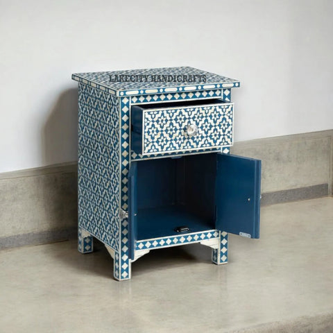 Bone Inlay Arctic 1 Drawer & 2 Doors Nightstand Table Blue | Bone Inlay Arctic 1 Drawer & 2 Doors Bedside Table Blue