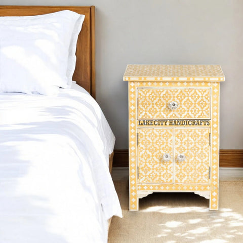 Bone Inlay Arctic 1 Drawer & 2 Doors Nightstand Table Yellow | Bone Inlay Arctic 1 Drawer & 2 Doors Bedside Table Yellow