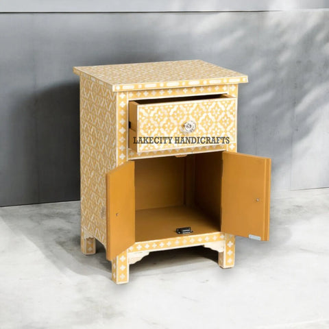 Bone Inlay Arctic 1 Drawer & 2 Doors Nightstand Table Yellow | Bone Inlay Arctic 1 Drawer & 2 Doors Bedside Table Yellow
