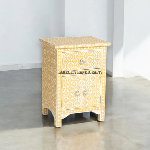 Bone Inlay Arctic 1 Drawer & 2 Doors Nightstand Table Yellow | Bone Inlay Arctic 1 Drawer & 2 Doors Bedside Table Yellow