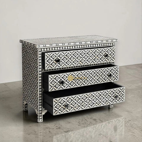 Bone Inlay Arctic Design 3 Drawers Chest Black