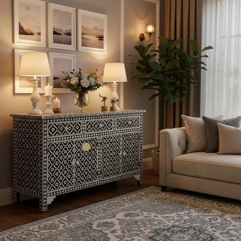 Bone Inlay Arctic Design 3 Drawers & 4 Doors Sideboard Table Black