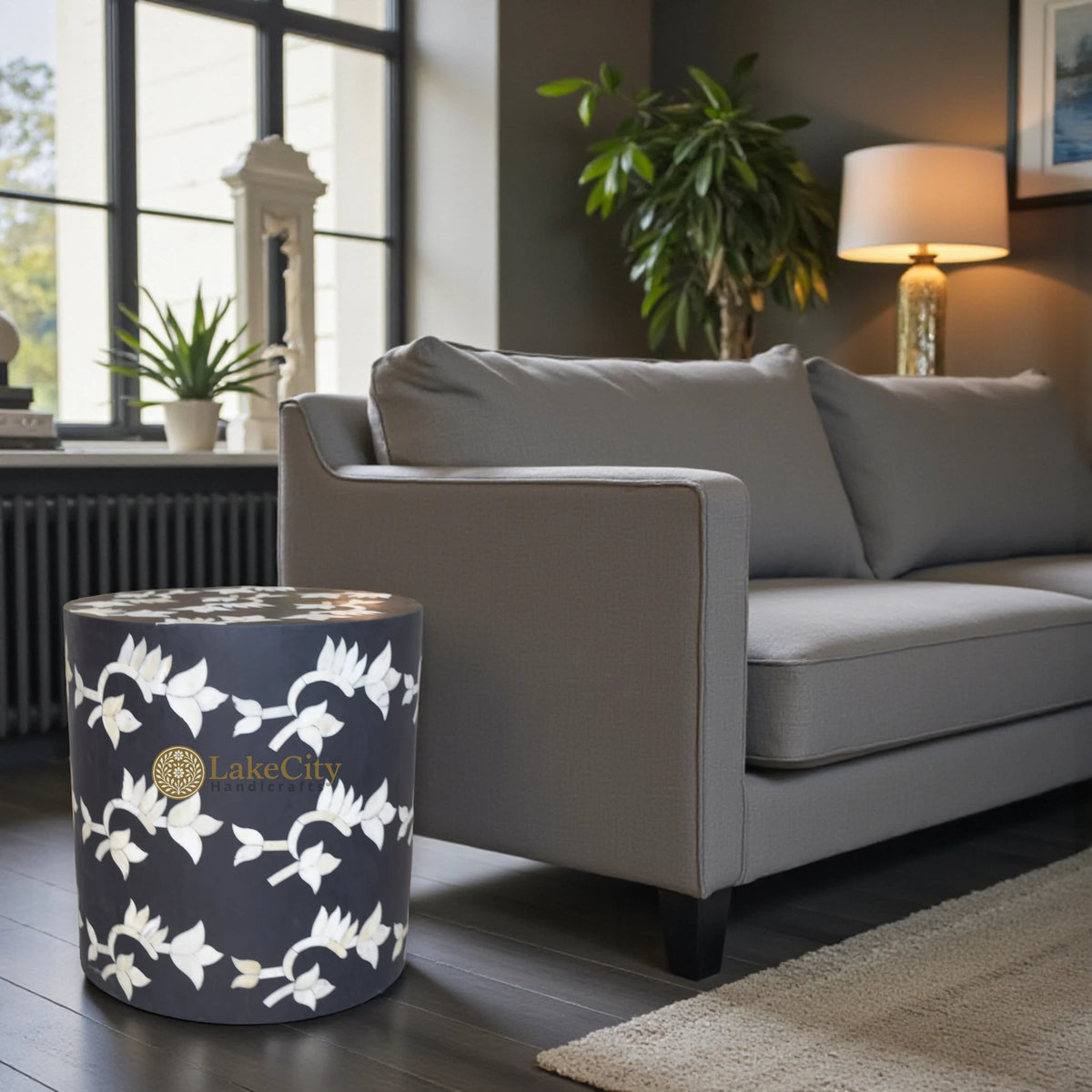 Bone Inlay Bel Design Round Side Stool Black