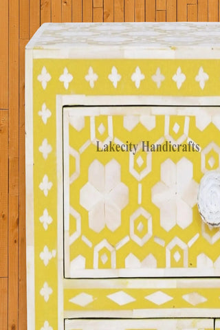 Flower Bone Inlaid 1 Drawer 2 Door Bedside Table Yellow