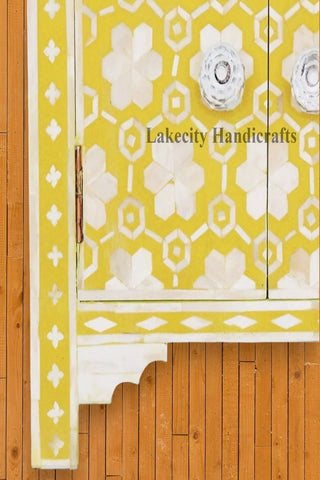 Flower Bone Inlaid 1 Drawer 2 Door Bedside Table Yellow