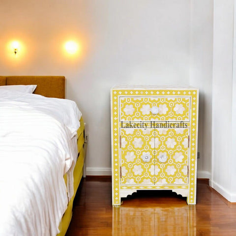 Flower Bone Inlaid 1 Drawer 2 Door Bedside Table Yellow