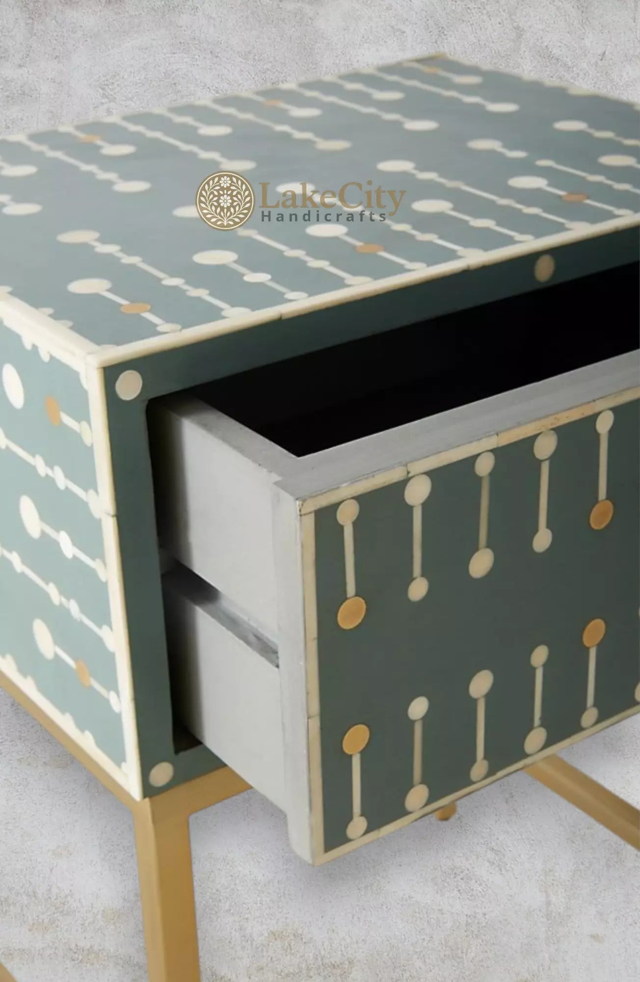 Bone Inlay Brass Dotted Bedside Table Dark Green