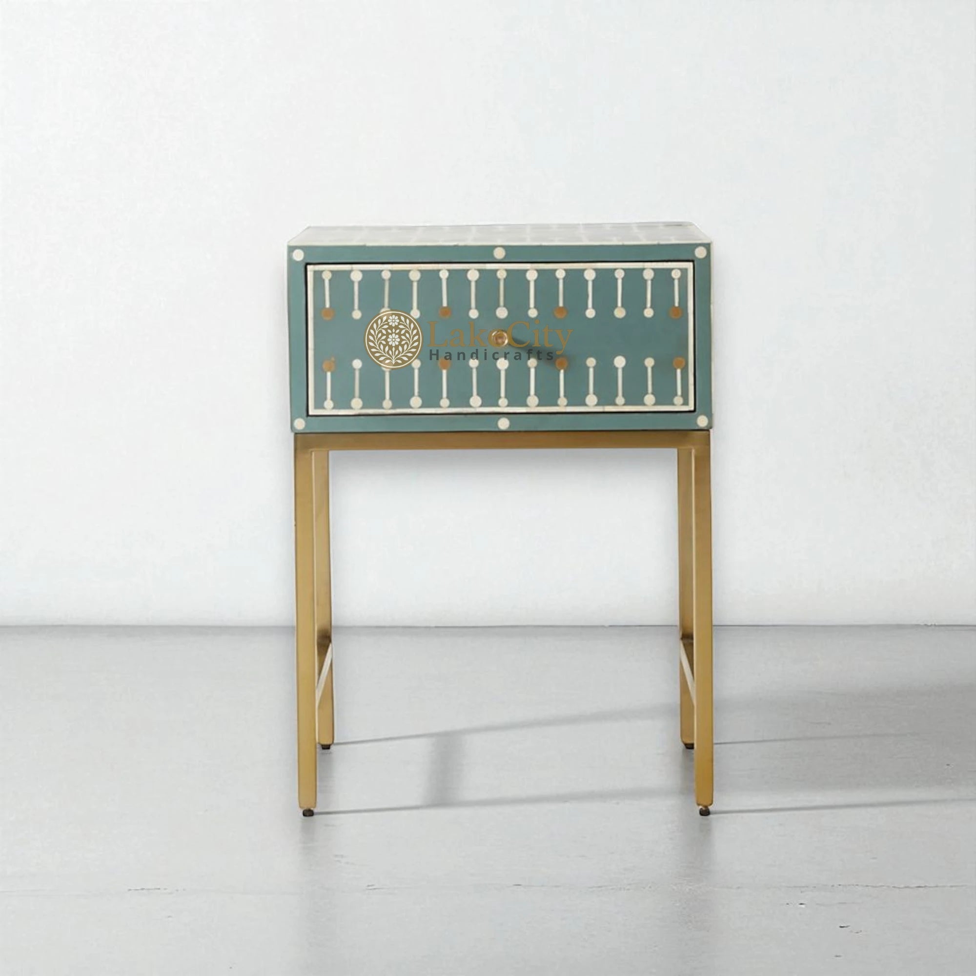 Bone Inlay Brass Dotted Bedside Table Dark Green