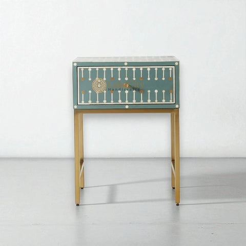 Bone Inlay Brass Dotted Bedside Table Dark Green