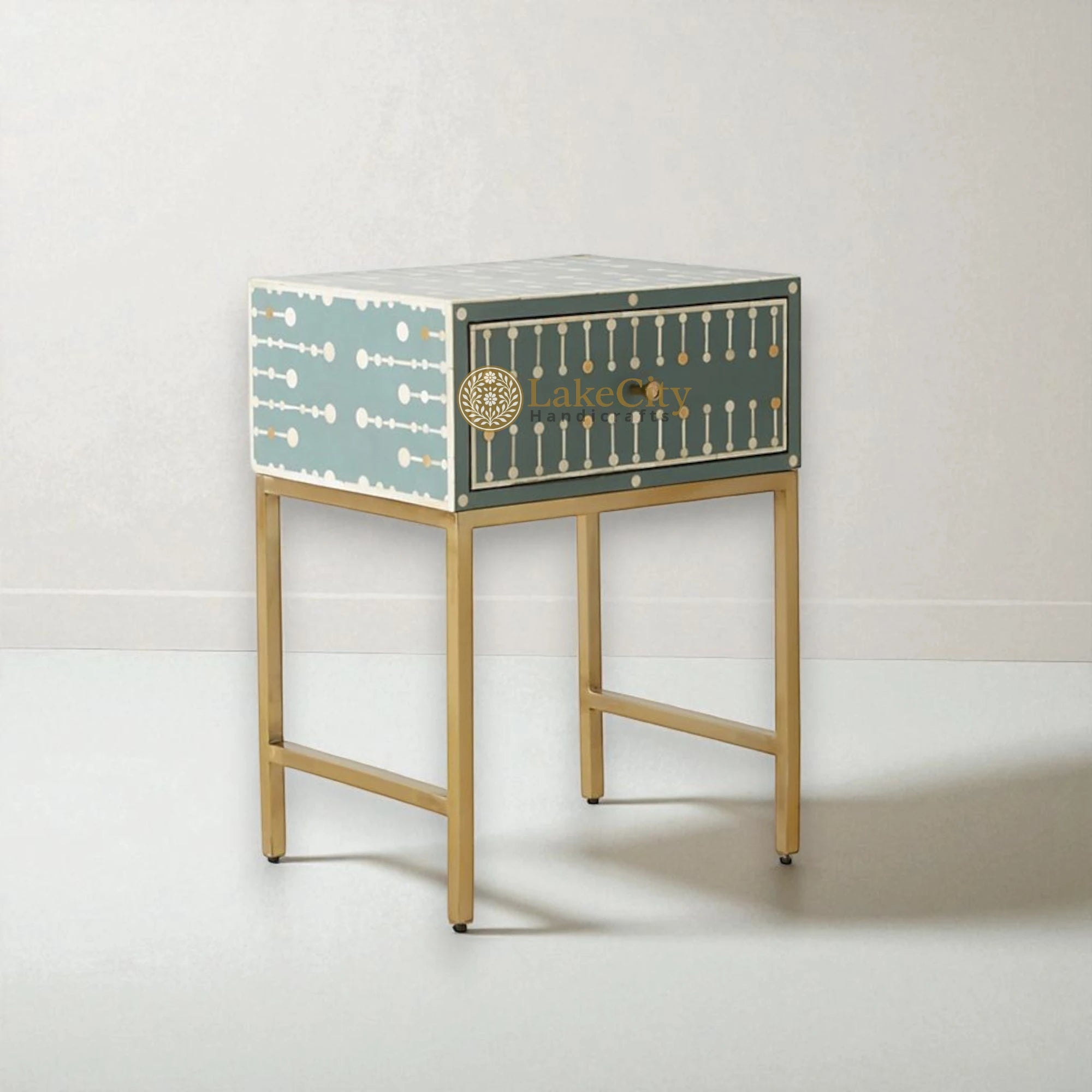 Bone Inlay Brass Dotted Bedside Table Dark Green