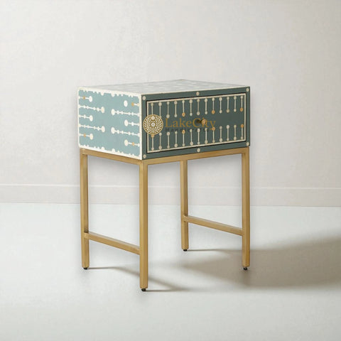 Bone Inlay Brass Dotted Bedside Table Dark Green
