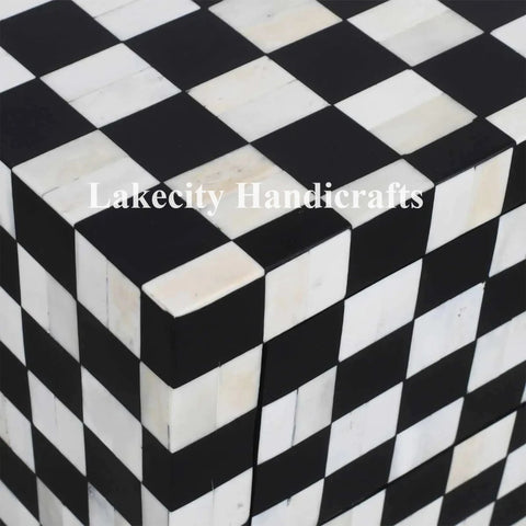 Bone Inlay Checkerboard Design Bedside Table | Checkerboard Nightstand Table