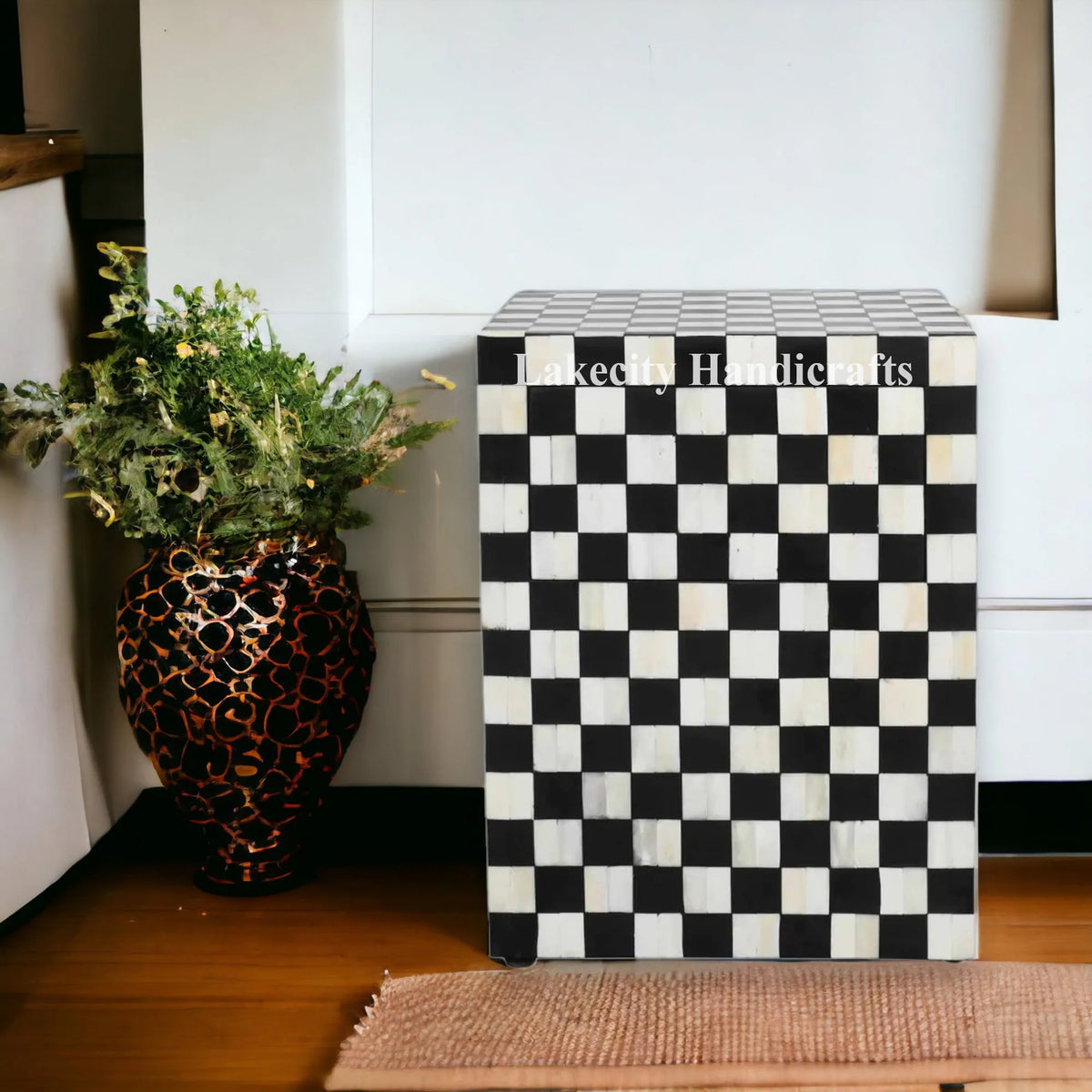 Bone Inlay Checkerboard Design Bedside Table | Checkerboard Nightstand Table