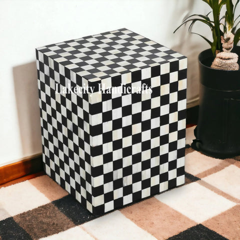 Bone Inlay Checkerboard Design Bedside Table | Checkerboard Nightstand Table