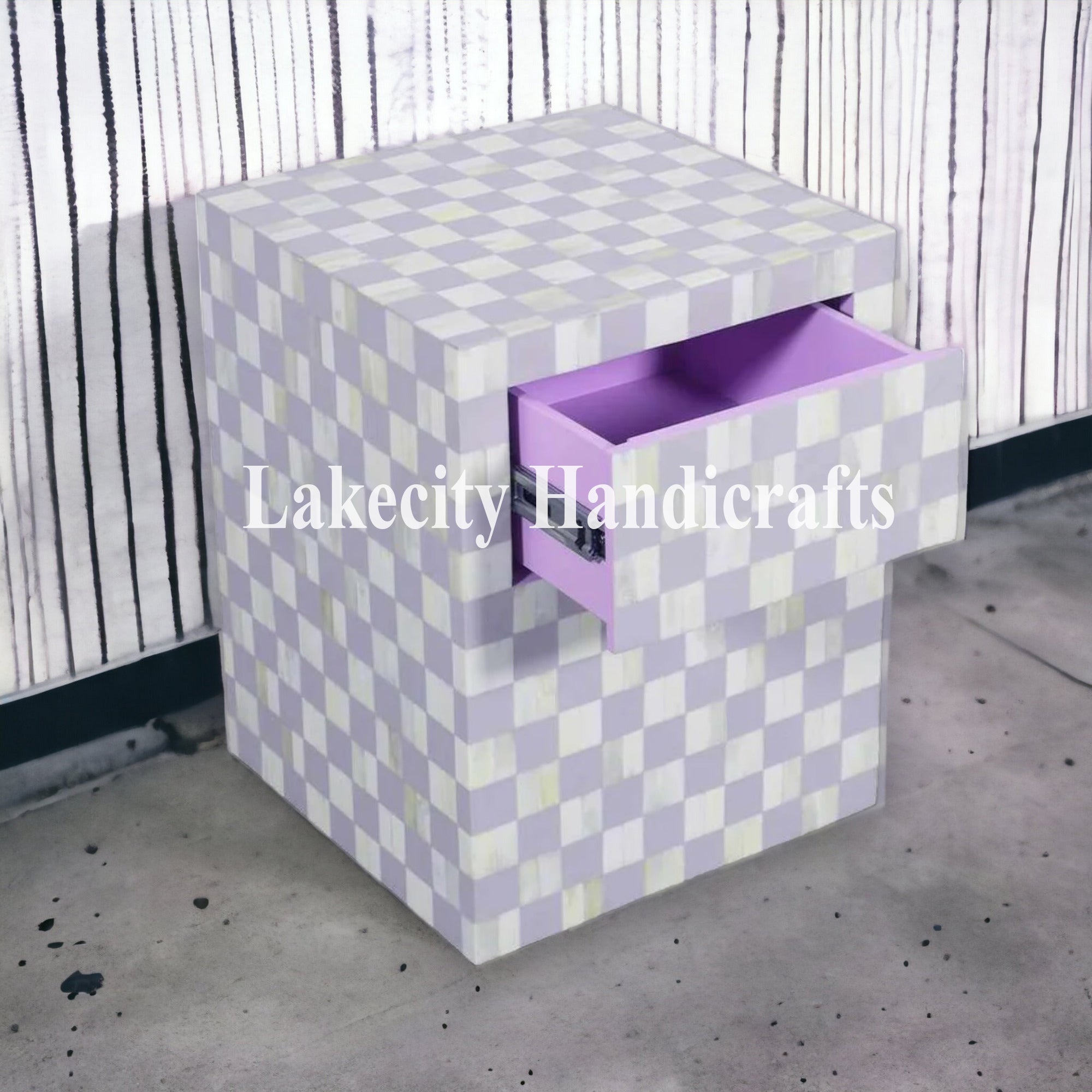 Bone Inlay Checkerboard Design Bedside Table | Checkerboard Nightstand Table