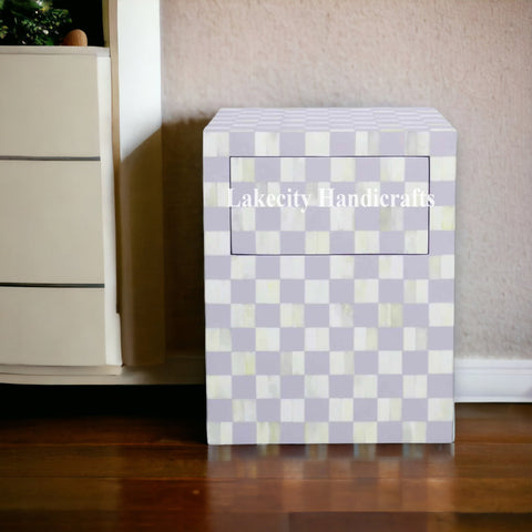 Bone Inlay Checkerboard Design Bedside Table | Checkerboard Nightstand Table