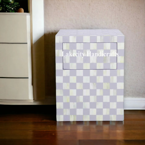 Bone Inlay Checkerboard Design Bedside Table | Checkerboard Nightstand Table