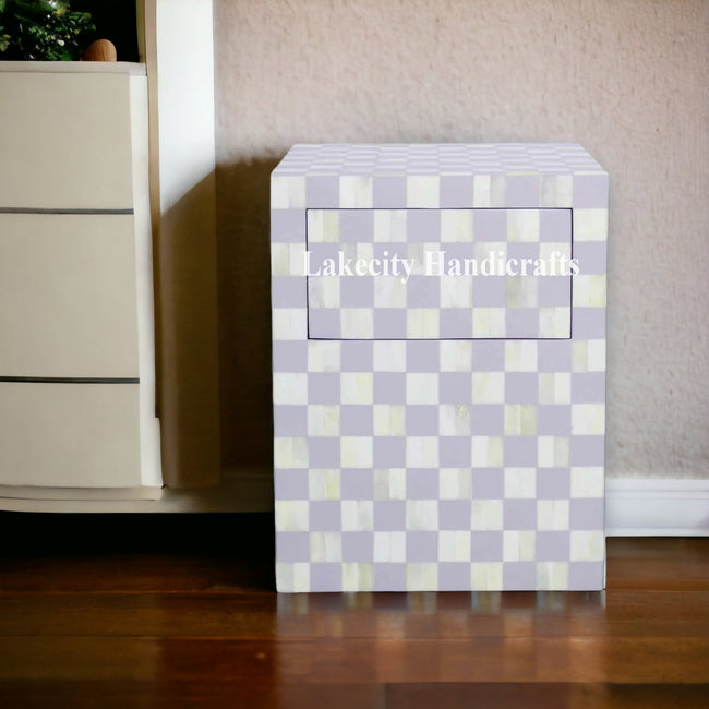 Bone Inlay Checkerboard Design Bedside Table Lilac | Bone Inlay Checkerboard Design Nightstand Table