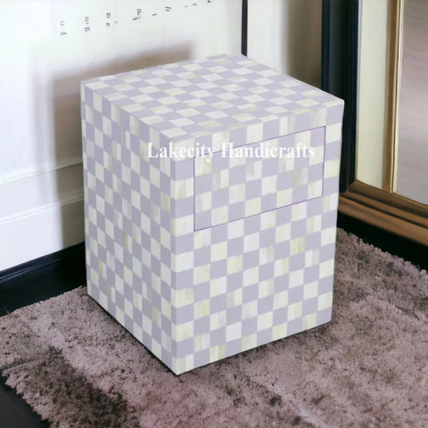 Bone Inlay Checkerboard Design Bedside Table | Checkerboard Nightstand Table