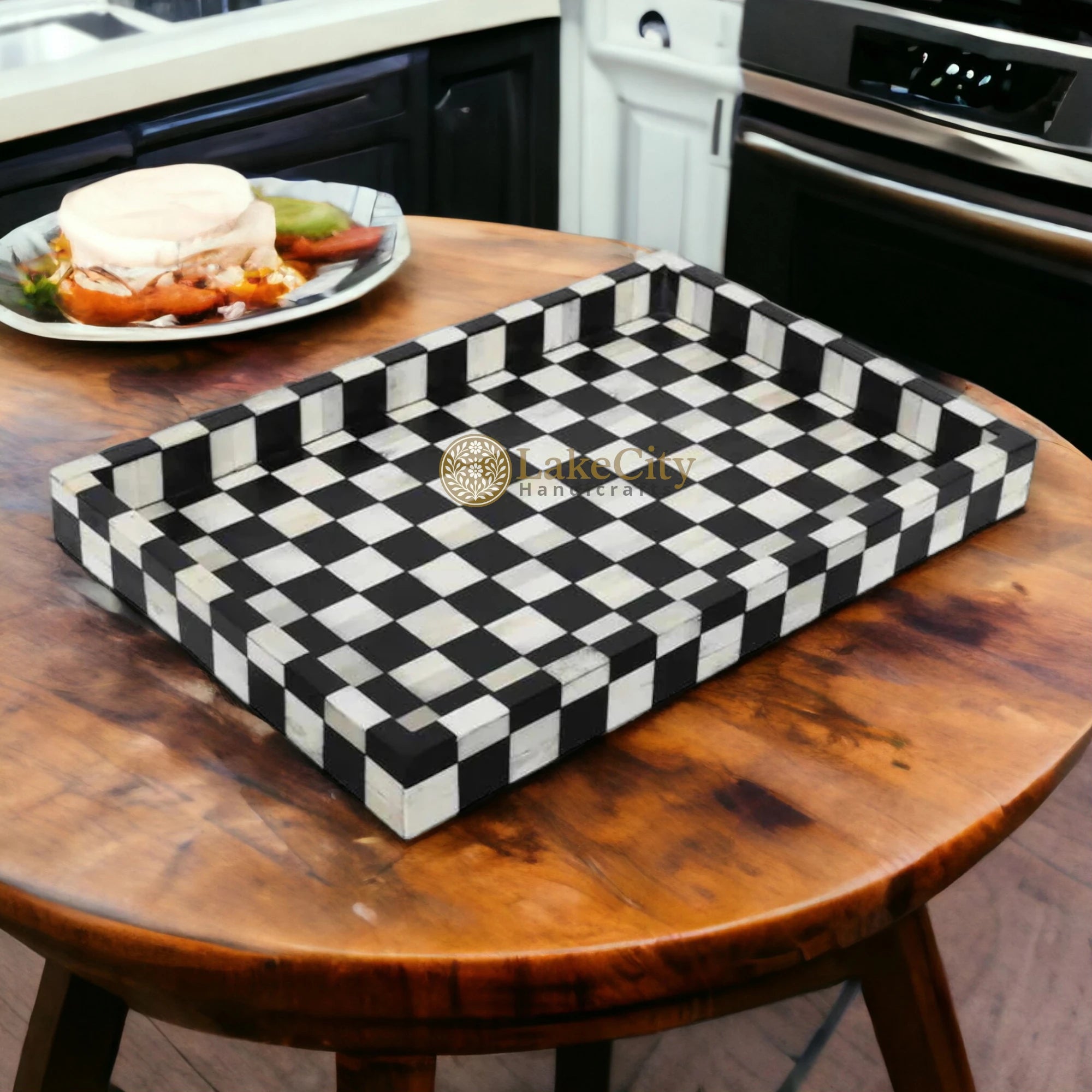Bone Inlay Checkerboard Design Serving Tray