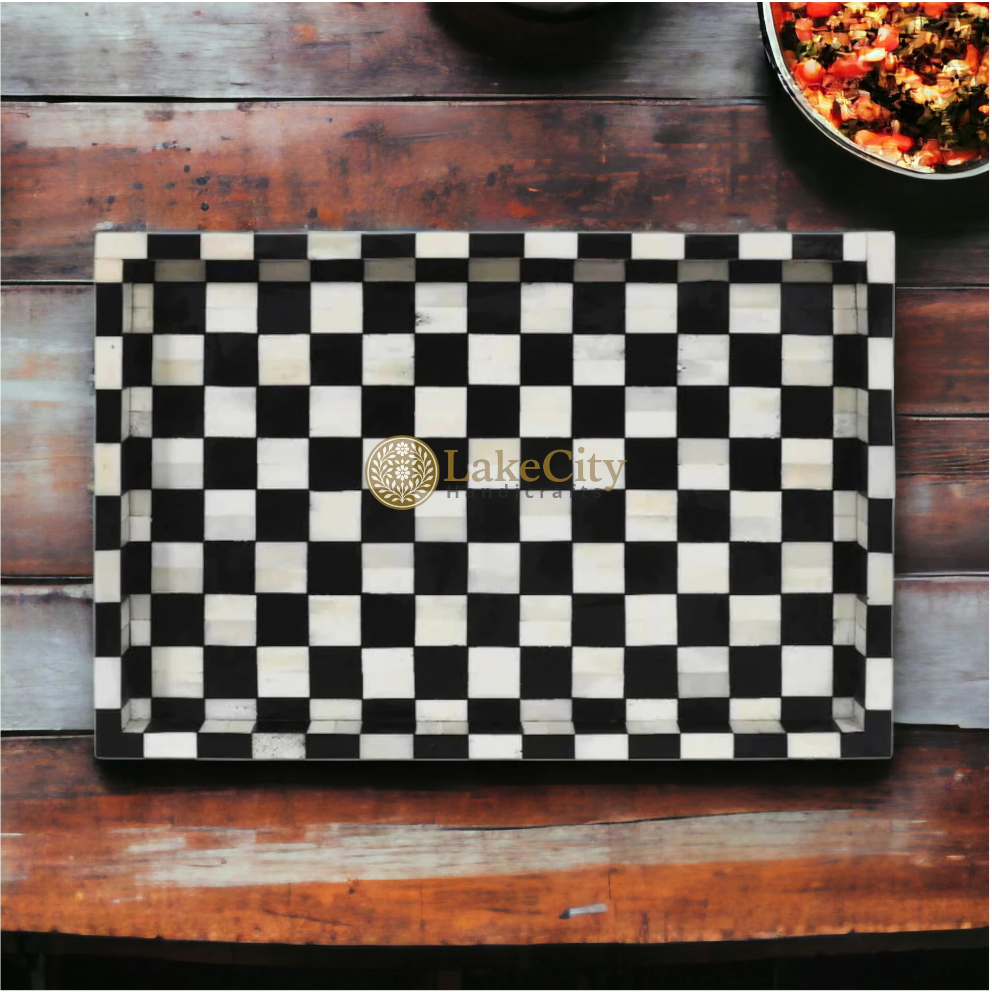 Bone Inlay Checkerboard Design Serving Tray