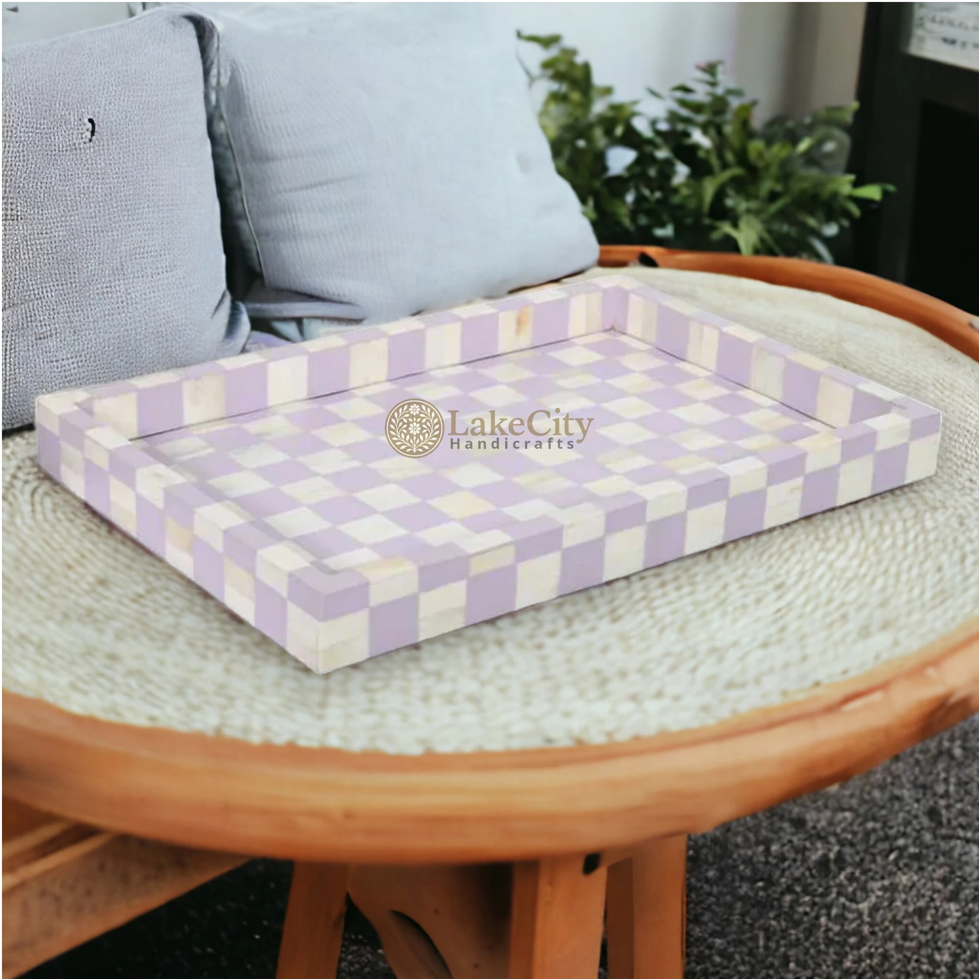 Bone Inlay Checkerboard Design Serving Tray