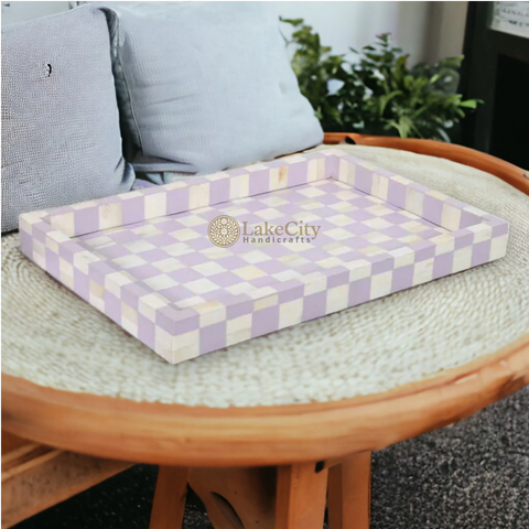 Bone Inlay Checkerboard Design Serving Tray