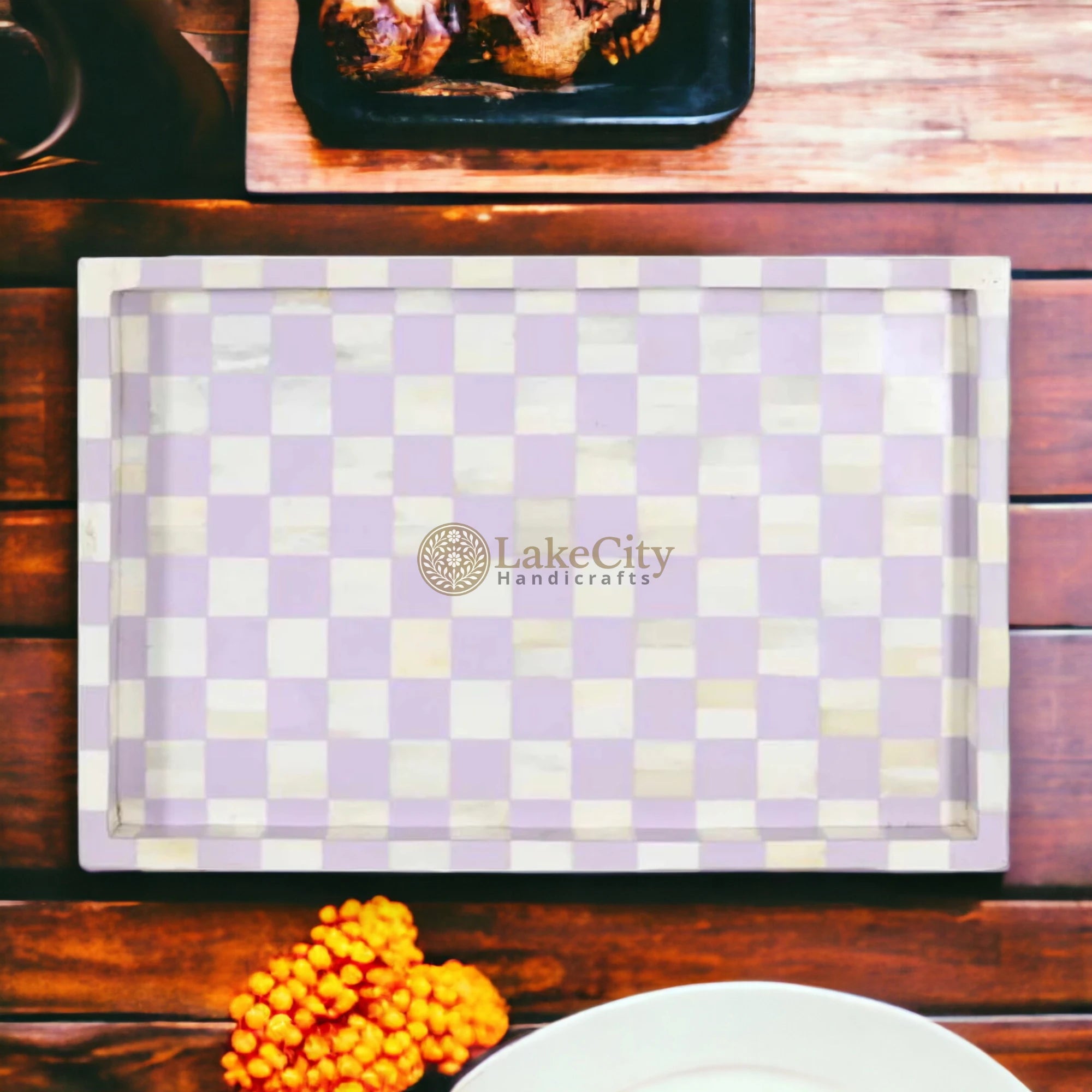 Bone Inlay Checkerboard Design Serving Tray