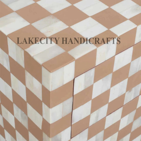 Bone Inlay Checkerboard Design Bedside Table | Checkerboard Nightstand Table