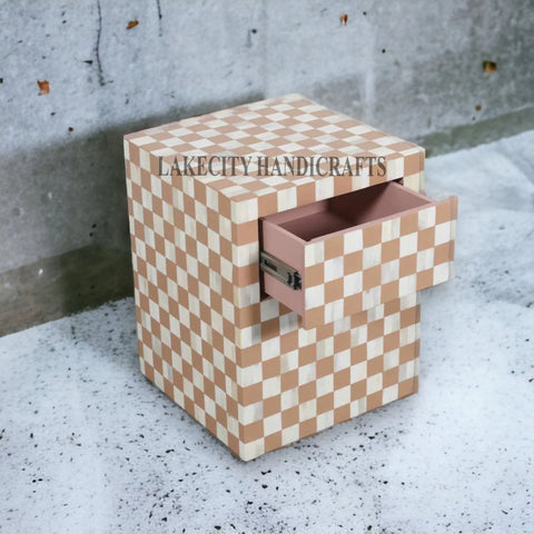 Bone Inlay Checkerboard Design Bedside Table | Checkerboard Nightstand Table