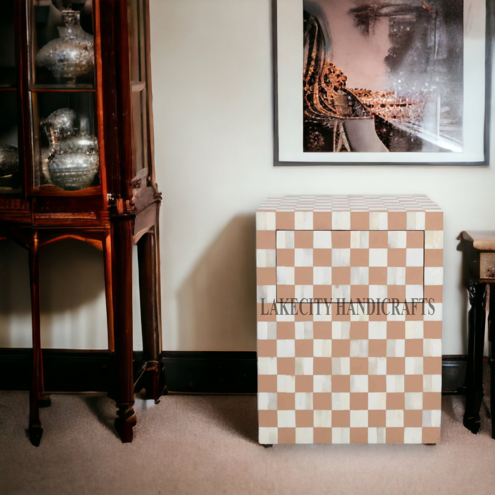 Bone Inlay Checkerboard Design Bedside Table | Checkerboard Nightstand Table