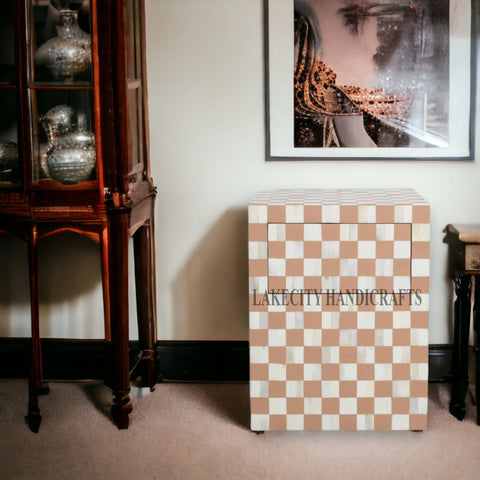 Bone Inlay Checkerboard Design Bedside Table | Checkerboard Nightstand Table