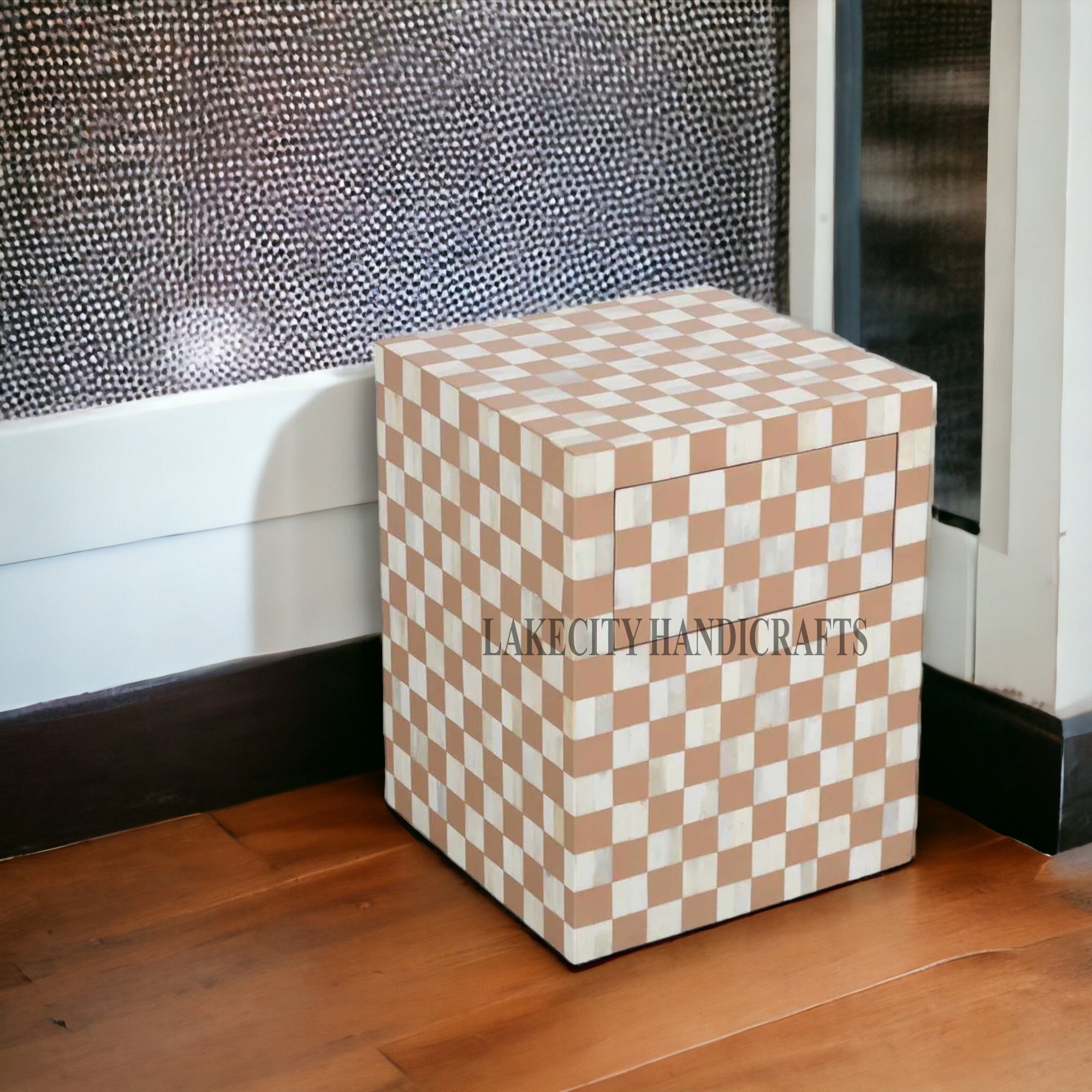 Bone Inlay Checkerboard Design Bedside Table | Checkerboard Nightstand Table
