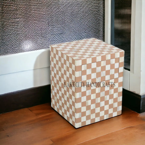 Bone Inlay Checkerboard Design Bedside Table | Checkerboard Nightstand Table