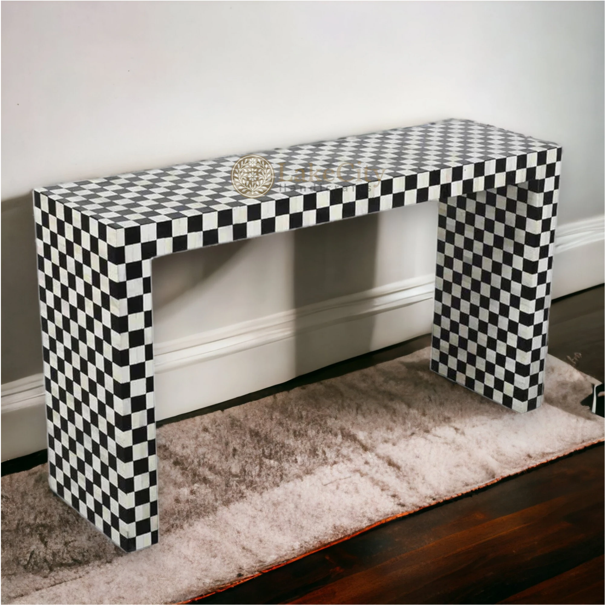 Bone Inlay Checkerboard Design Console Table With Multi Color