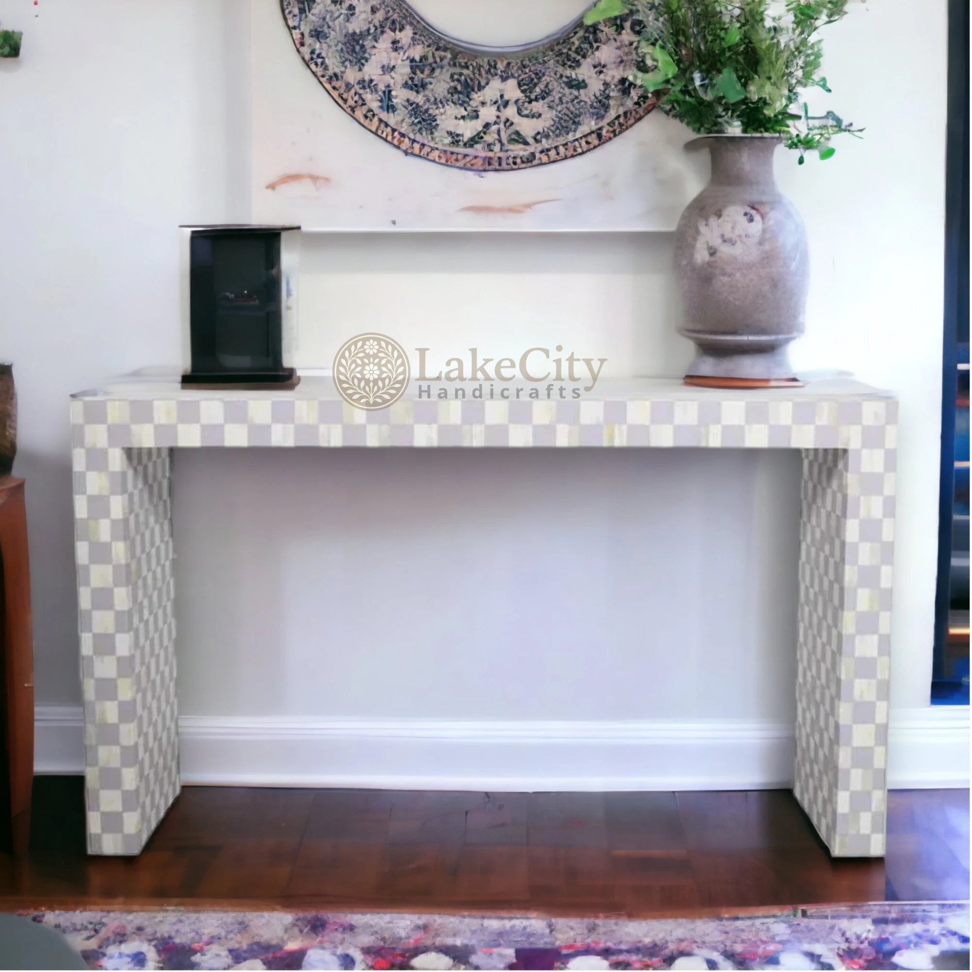 Bone Inlay Checkerboard Design Console Table With Multi Color