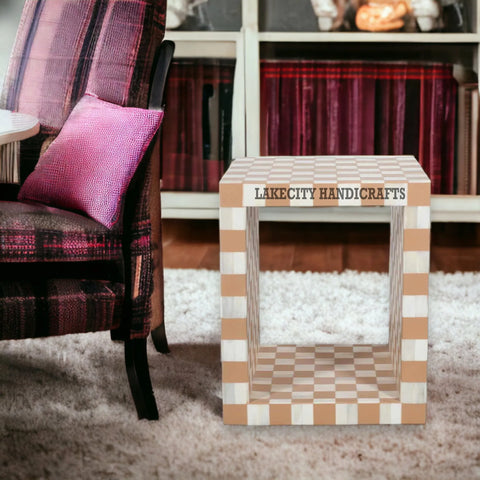 Bone Inlay Checkerboard Design Side Table | Bone Inlay Checkerboard Design End Table