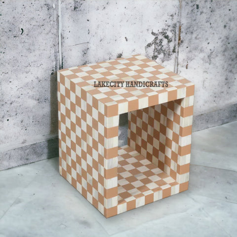 Bone Inlay Checkerboard Design Side Table Almond