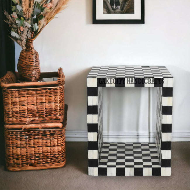 Bone Inlay Checkerboard Design Side Table Black