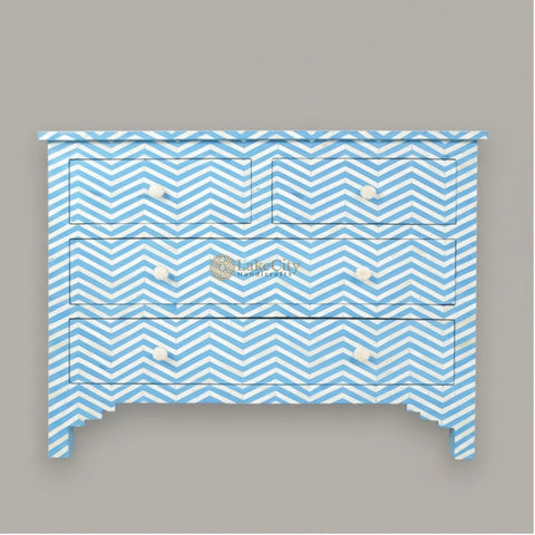 Bone Inlay Chevron Design 4 Drawers Chest Aqua