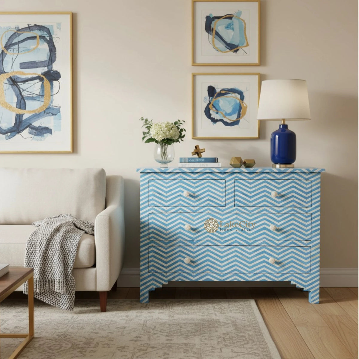 Bone Inlay Chevron Design 4 Drawers Chest Aqua