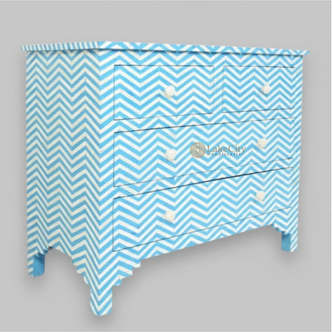 Bone Inlay Chevron Design 4 Drawers Chest Aqua