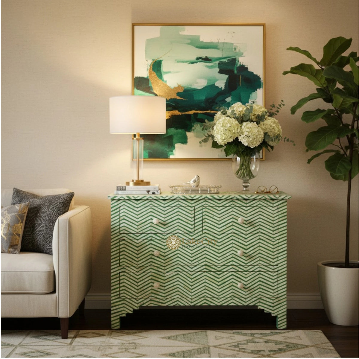 Bone Inlay Chevron Design 4 Drawers Green