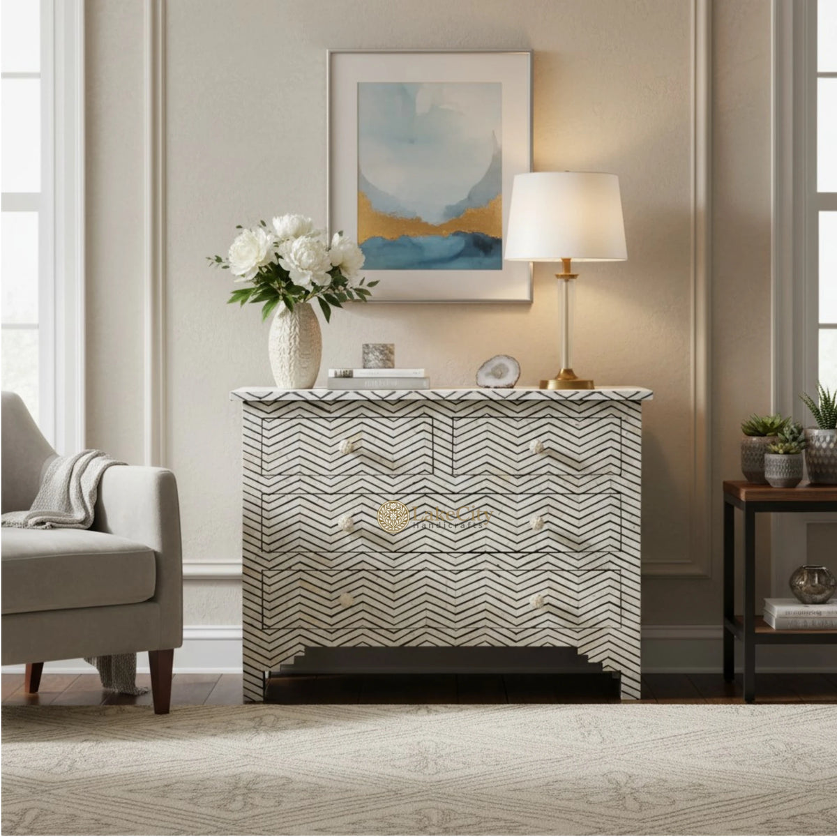 Bone Inlay Chevron Design 4 Drawers Chest Black