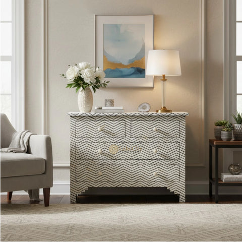 Bone Inlay Chevron Design 4 Drawers Chest Black