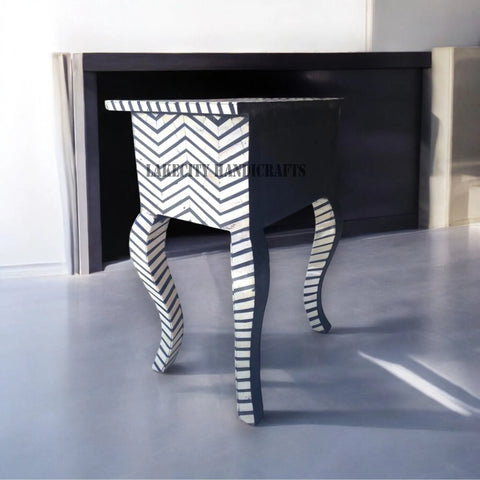 Bone Inlay Chevron Design 1 Drawer Long Curved Leg Bedside Table Black