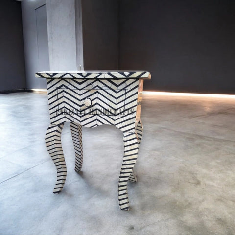 Bone Inlay Chevron Design 1 Drawer Long Curved Leg Bedside Table Black