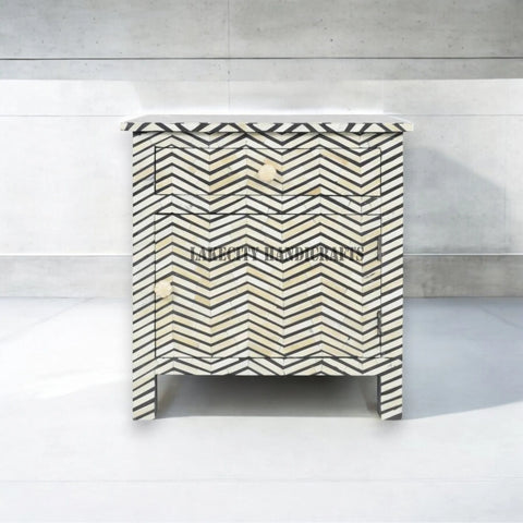Bone Inlay Chevron Zigzag Design 1 Drawer & 1 Door Bedside Table Black