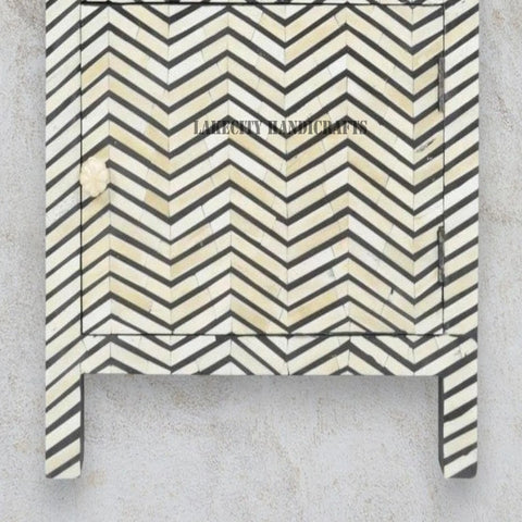 Bone Inlay Chevron Zigzag Design 1 Drawer & 1 Door Bedside Table Black