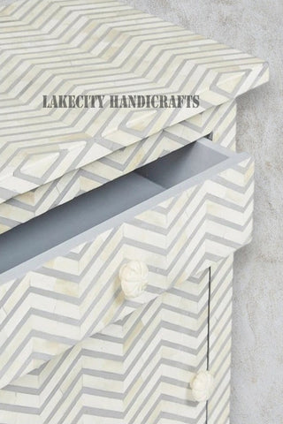 Bone Inlay Chevron Zigzag Design 1 Drawer & 1 Door Bedside Table Grey